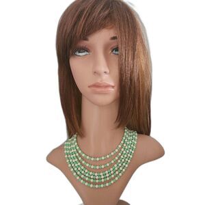 Vintage Green White Multi Strand Beaded Necklace Gold Filigree Clasp 18" 1960s